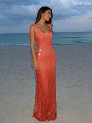 Gorgeous Orange Square Straps Sequin Mermaid Long Evening Dress,Prom Dress