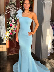 Elegant Blue One Shoulder 3D Flower Mermaid Long Evening Dress,Prom Dress