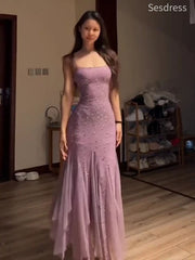Premium Purple Spaghetti Strap Embellished Glitter A-line Long Evening Dress,Prom Dress