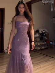 Premium Purple Spaghetti Strap Embellished Glitter A-line Long Evening Dress,Prom Dress