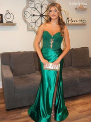 Gorgeous Sweetheart Lace Appliques Strapless Side Slit Mermaid Long Evening Dress,Prom Dress