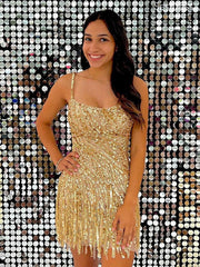 Gold Sparkly Sequins Spaghetti Strap Bodycon Short Mini Dress Homecoming Dress