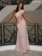 Sparkly Pink One Shoulder Beaded Mermaid Long Evening Dress,Prom Dress