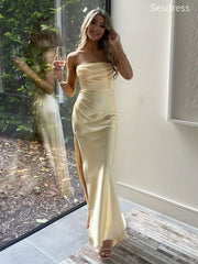 Simple Yellow Pleats Side Slit Strapless Mermaid Wedding Guest Dress,Prom Dress