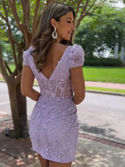 Gorgeous Violet Square Lace Appliques Bodycon Short Mini Dress Homecoming Dress