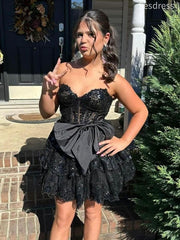 Premium Black Sweetheart Strapless Lace Bow Tie A-line Short Mini Dress Homecoming Dress
