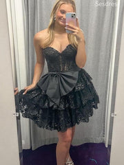 Premium Black Sweetheart Strapless Lace Bow Tie A-line Short Mini Dress Homecoming Dress