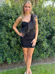 Sexy Black One Shoulder Sweetheart Ruffles Bodycon Mini Homecoming Dress