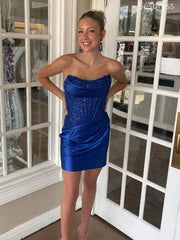 Sapphire Blue Scoop Strapless Lace Bodycon Short Mini Dress Homecoming Dress