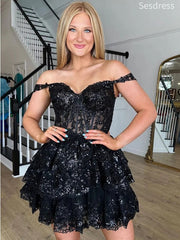 Gorgeous Black Lace V-neck Off the Shoulder A-line Short Mini Dress Homecoming Dress