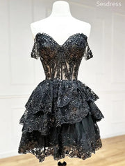 Gorgeous Black Lace V-neck Off the Shoulder A-line Short Mini Dress Homecoming Dress