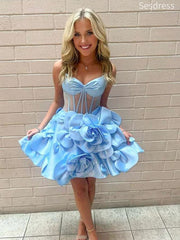 Gorgeous Blue 3D Flowers V-neck Spaghetti Strap A-line Short Mini Dress Homecoming Dress