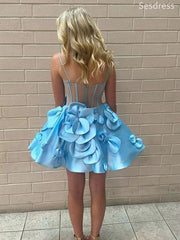 Gorgeous Blue 3D Flowers V-neck Spaghetti Strap A-line Short Mini Dress Homecoming Dress