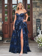 Gorgeous Navy Off the Shoulde Side Slit Lace Appliques A-line Long Evening Dress,Prom Dress
