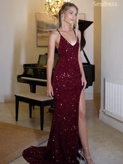 Sparkly Sequins V-neck Spaghetti Strap Side Slit Mermaid Long Evening Dress,Prom Dress