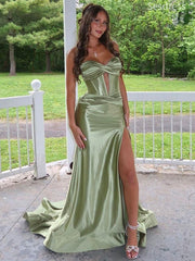 Elegant Sage Sweetheart Strapless Side Slit Mermaid Long Evening Dress,Prom Dress