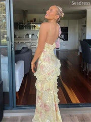 Unique V-neck Lace Ruffles Spaghetti Strap Mermaid Long Evening Dress,Prom Dress