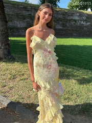 Unique V-neck Lace Ruffles Spaghetti Strap Mermaid Long Evening Dress,Prom Dress