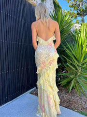 Unique V-neck Lace Ruffles Spaghetti Strap Mermaid Long Evening Dress,Prom Dress