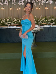 Simple Satin Spaghetti Strap Side Slit Mermaid Wedding Guest Dress,Prom Dress