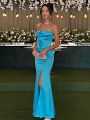 Simple Satin Spaghetti Strap Side Slit Mermaid Wedding Guest Dress,Prom Dress