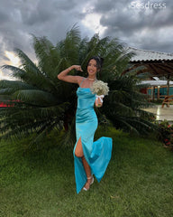 Simple Satin Spaghetti Strap Side Slit Mermaid Wedding Guest Dress,Prom Dress