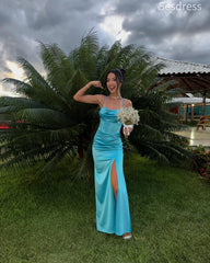 Simple Satin Spaghetti Strap Side Slit Mermaid Wedding Guest Dress,Prom Dress