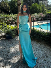 Gorgeous Sequin Strapless Side Slit Pleats Halter Mermaid Long Evening Dress,Prom Dress