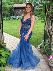 Gorgeous V-neck Lace Appliques Spaghetti Strap Mermaid Long Evening Dress,Prom Dress