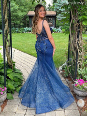 Gorgeous V-neck Lace Appliques Spaghetti Strap Mermaid Long Evening Dress,Prom Dress