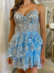 Gorgeous Blue Lace V-neck Spaghetti Strap A-line Short Mini Dress Homecoming Dress