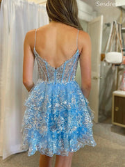 Gorgeous Blue Lace V-neck Spaghetti Strap A-line Short Mini Dress Homecoming Dress