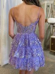 Gorgeous Purple Lace Illusion V-neck Spaghetti Strap A-line Short Mini Dress Homecoming Dress