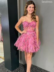 Cute Sweetheart Strapless Illusion A-line Short Mini Dress Homecoming Dress
