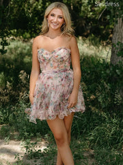 Cute Sweetheart Strapless Illusion A-line Short Mini Dress Homecoming Dress