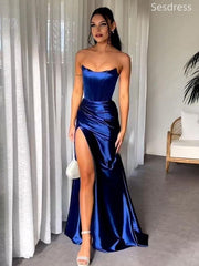 Elegant Scoop Strapless Side Slit Pleats Mermaid Wedding Guest Dress,Prom Dress