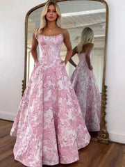 Pink Floral Prom Dresses for Teens Strapless Beads Evening Party Dress