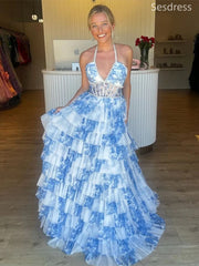 Gorgeous V-neck Spaghetti Strap Halter Lace See Through A-line Long Evening Dress,Prom Dress
