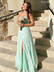Gorgeous Sage Lace Side Slit Strapless A-line Long Evening Dress,Prom Dress