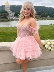 Sparkly Pink V-neck Off the Shoulder Spaghetti Strap Beaded A-line Short Mini Dress Homecoming Dress