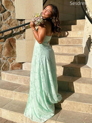 Gorgeous Sage Lace Side Slit Strapless A-line Long Evening Dress,Prom Dress