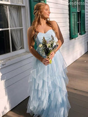 Premium Sweetheart Sky Blue Strapless A-line Long Evening Dress,Prom Dress