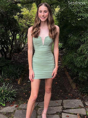 Unique Sage V-neck Spaghetti Strap Pleats Bodycon Short Mini Dress Homecoming Dress