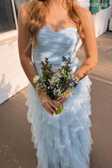 Premium Sweetheart Sky Blue Strapless A-line Long Evening Dress,Prom Dress