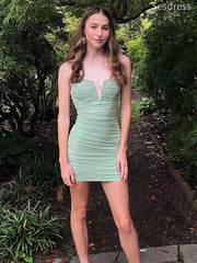 Unique Sage V-neck Spaghetti Strap Pleats Bodycon Short Mini Dress Homecoming Dress