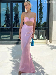 Sexy Satin Pink Sweetheart Spaghetti Strap Mermaid Long Evening Dress,Prom Dress