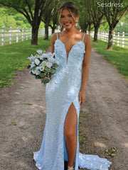 Sparkly Sequins Blue V-neck Spaghetti Strap Side Slit Mermaid Long Evening Dress,Prom Dress