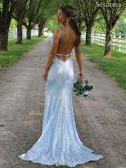 Sparkly Sequins Blue V-neck Spaghetti Strap Side Slit Mermaid Long Evening Dress,Prom Dress