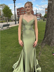 Elegant V-neck Spaghetti Strap Lace Appliques Mermaid Wedding Guest Dress,Prom Dress
