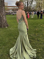 Elegant V-neck Spaghetti Strap Lace Appliques Mermaid Wedding Guest Dress,Prom Dress